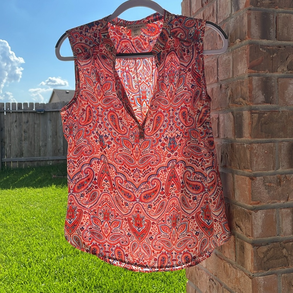 Artisan Ny Red &Orange Paisley Sleeveless Blouse 3/4 open front SZ M Gently Used